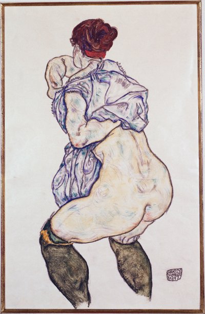 Señora Halbakt con medias verdes, 1917 de Egon Schiele