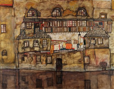 Muro de casas en el río - Pintura de Egon Schiele (1890-1918), óleo sobre lienzo de Egon Schiele