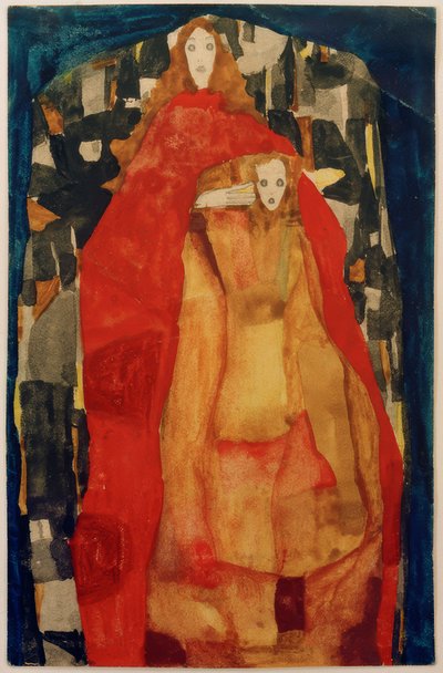 Madre con niño en abrigo rojo de Egon Schiele