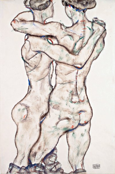 Chicas desnudas abrazándose - Schiele, Egon (1890-1918) - 1914 - Gouache, Tiza negra sobre papel - 48x31,2 - Museo Leopold, Viena de Egon Schiele