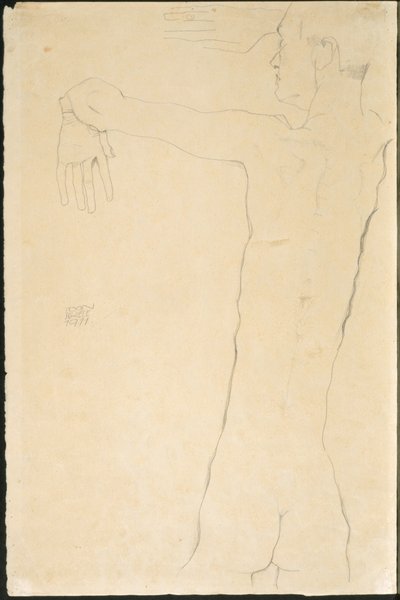 Hombre desnudo con brazos levantados (recto) de Egon Schiele