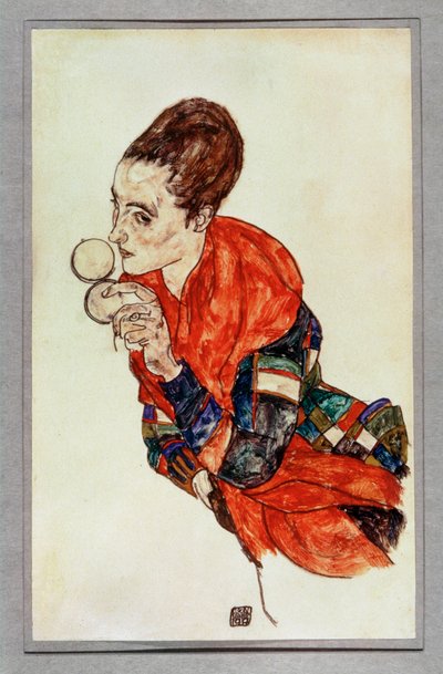 Retrato de la actriz Marga Boerner con polvera ... (gouache y lápiz negro) de Egon Schiele