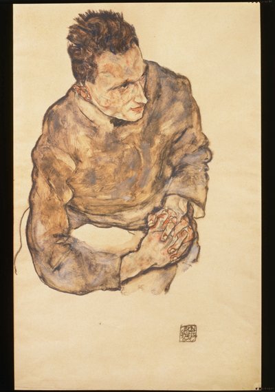 Retrato de Karl Grünwald con las manos juntas ... (acuarela y lápiz negro) de Egon Schiele