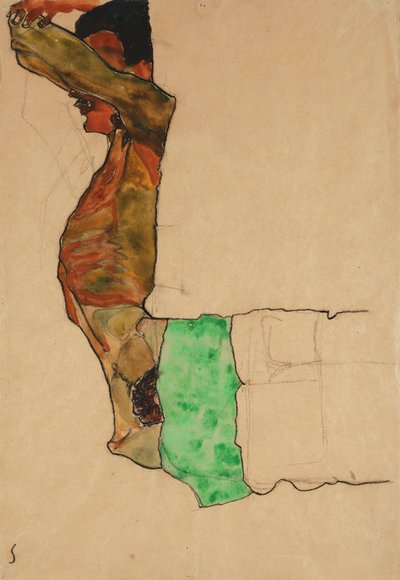 Desnudo Masculino Reclinado con Tela Verde de Egon Schiele