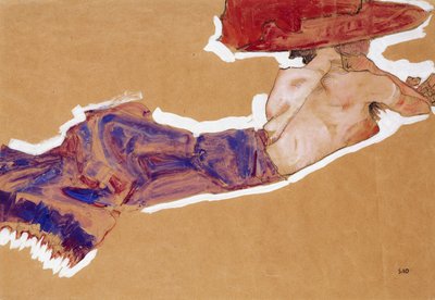 Semidesnudo reclinado con sombrero rojo, 1910 de Egon Schiele