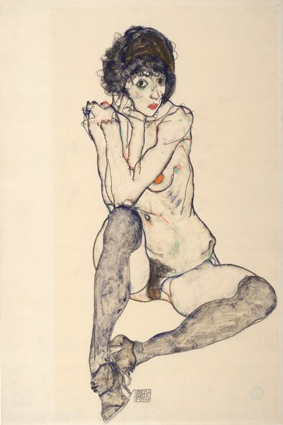 Desnudo femenino sentado, codos descansando sobre la rodilla derecha, 1914 de Egon Schiele
