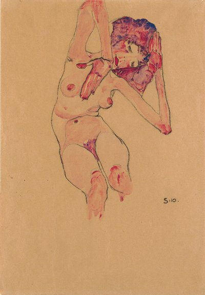 Desnudo femenino sentado con cabeza inclinada y brazos levantados de Egon Schiele