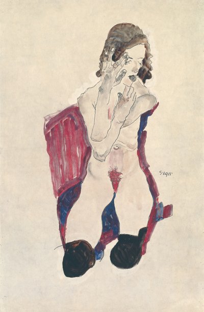 Chica sentada con medias negras y manos cruzadas de Egon Schiele
