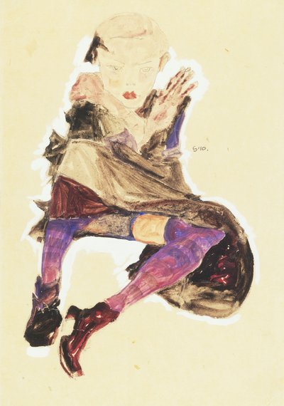 Chica sentada con medias a rayas de Egon Schiele