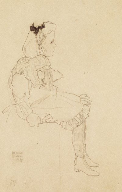 Niña sentada con un lazo en el cabello de Egon Schiele
