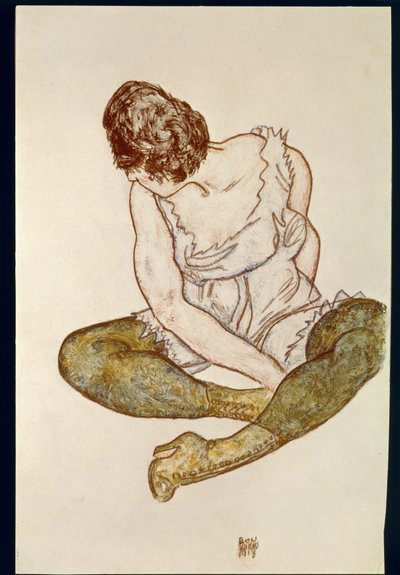 Mujer sentada con medias verdes ... (acuarela y lápiz negro) de Egon Schiele