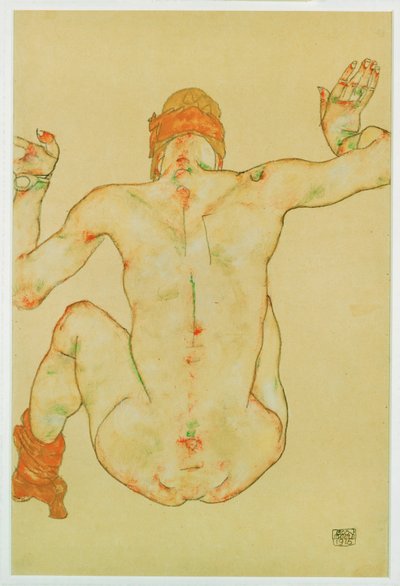 Desnudo femenino sentado, vista de espaldas (gouache, acuarela y lápiz) de Egon Schiele