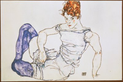 Mujer sentada con medias moradas ... (gouache y lápiz negro) de Egon Schiele