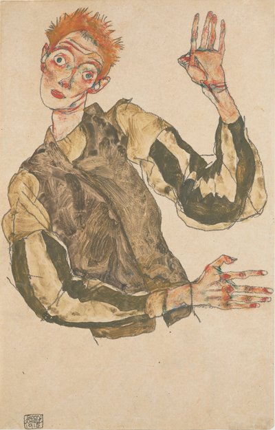 Autorretrato con protectores de mangas a rayas de Egon Schiele