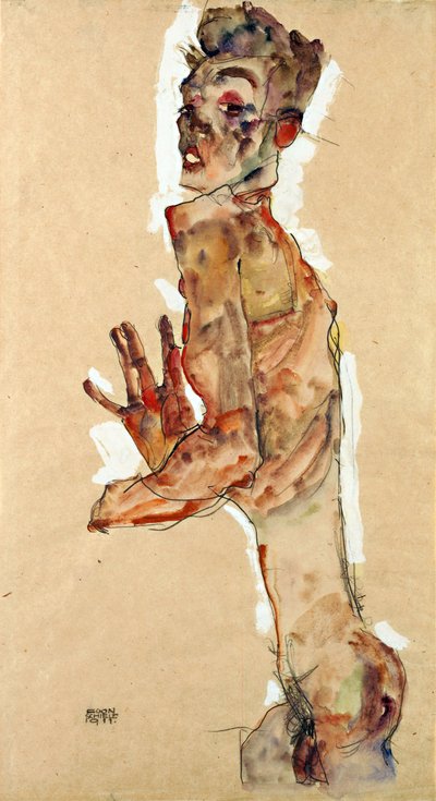 Autorretrato con los dedos abiertos - Schiele, Egon (1890-1918) - 1911 - Gouache, Tiza negra sobre papel - 52,5x28 - Museo Leopold, Viena de Egon Schiele