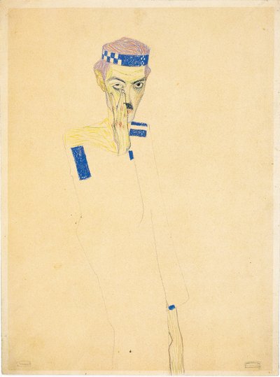 Autorretrato con cinta de cuadros azules de Egon Schiele