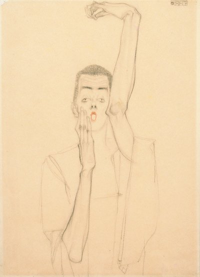 Autorretrato con un brazo levantado y boca roja de Egon Schiele