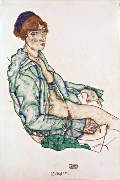 Sentado semidesnudo con diadema azul - Schiele, Egon (1890-1918) - 1914 - Gouache, Tiza negra sobre papel - 47,4x31,3 - Museo Leopold, Viena de Egon Schiele