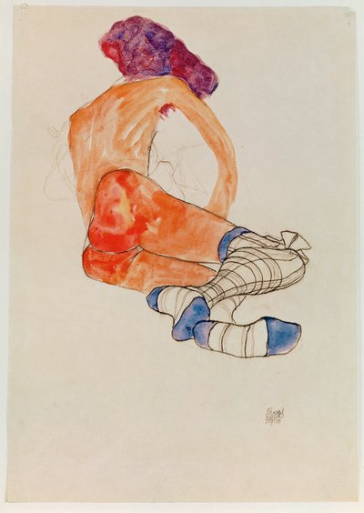 Desnudo femenino sentado con liga azul, de ... (gouache, acuarela y carboncillo) de Egon Schiele