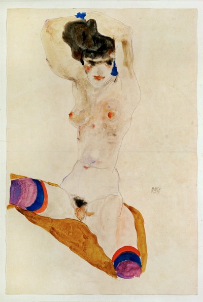 Muchacha desnuda sentada con sobre la cabeza ... (acuarela y lápiz) de Egon Schiele