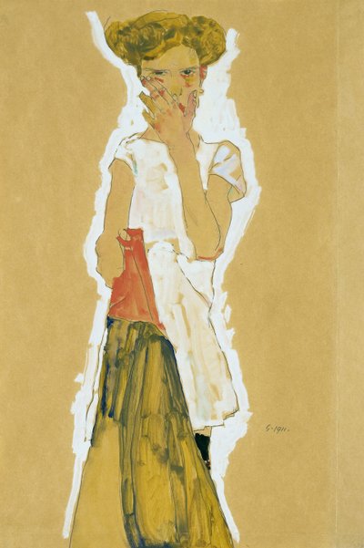 Chica de pie con enagua blanca de Egon Schiele