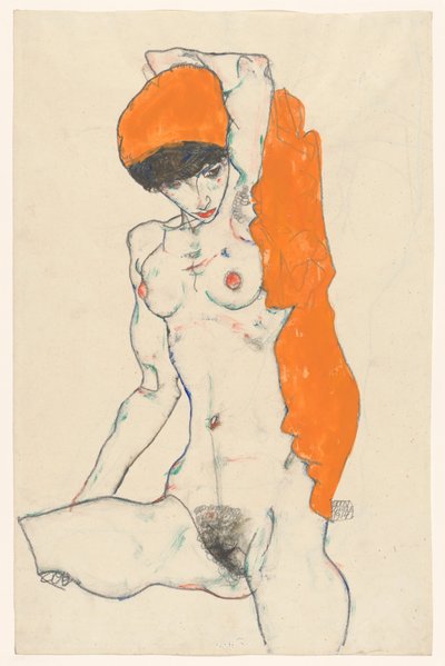 Stehender Akt mit orangefarbenem Tuch (recto): Studie eines Aktes mit erhobenen Armen (verso) de Egon Schiele