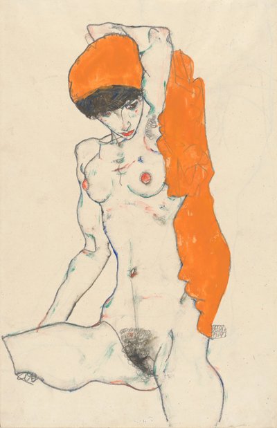 Desnudo de pie con tela naranja, 1914 de Egon Schiele
