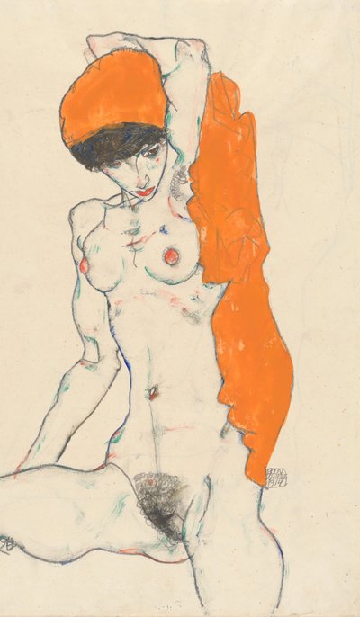 Desnudo de Pie con Drapería Naranja recto: Estudio de Desnudo con Brazos Levantados verso, 1914 de Egon Schiele