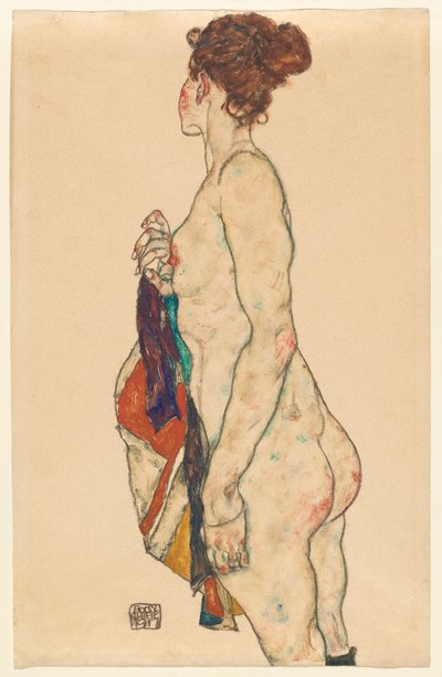 Desnudo de pie con una túnica estampada, 1917 de Egon Schiele