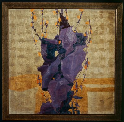 Flor estilizada sobre fondo decorativo ... (bronce) de Egon Schiele