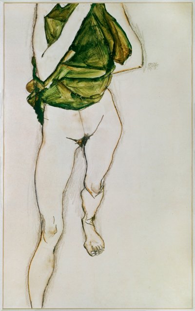 Torso en zancada con camisa verde (gouache, acuarela y lápiz) de Egon Schiele