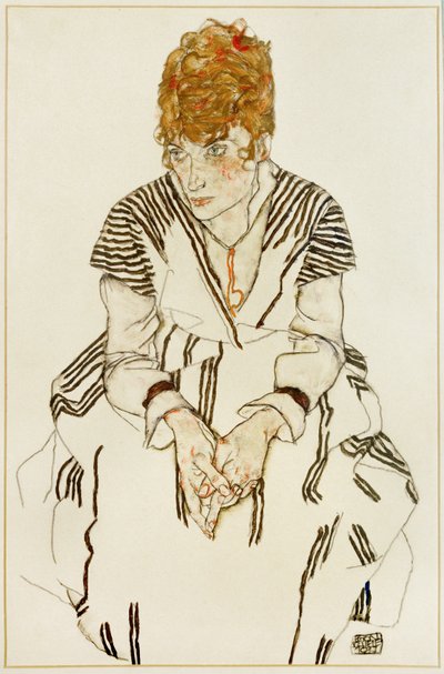 La cuñada del artista con vestido a rayas, sentada de Egon Schiele