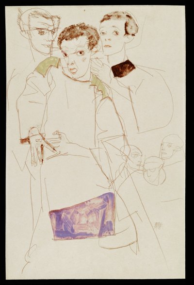 Autorretrato triple (gouache, acuarela y lápiz) de Egon Schiele