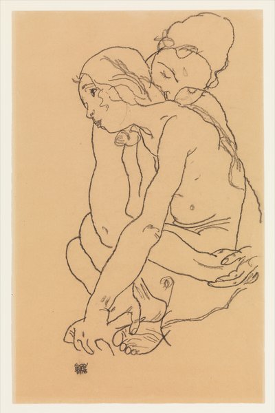 Frau und Mädchen, die sich umarmen de Egon Schiele