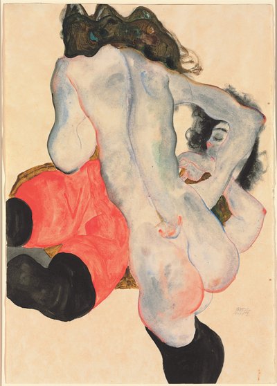 Mujer con pantalones rojos y desnudo femenino de pie, 1912 de Egon Schiele