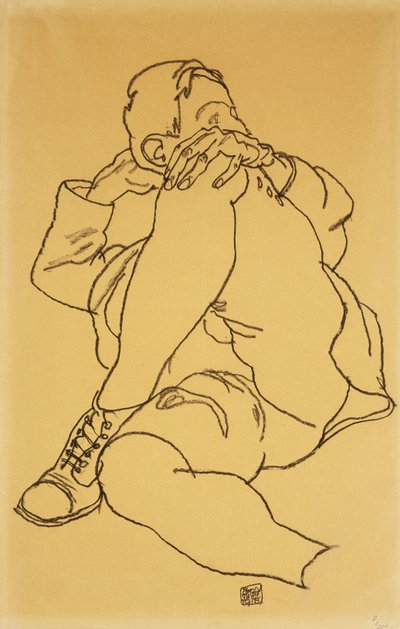Joven Reclinado con la Cabeza Apoyada en su Pierna Cruzada; Liegender Knabe mit Aufgestutztem Kopf und Ubergeschlagenen Linken Bein, 1918 de Egon Schiele
