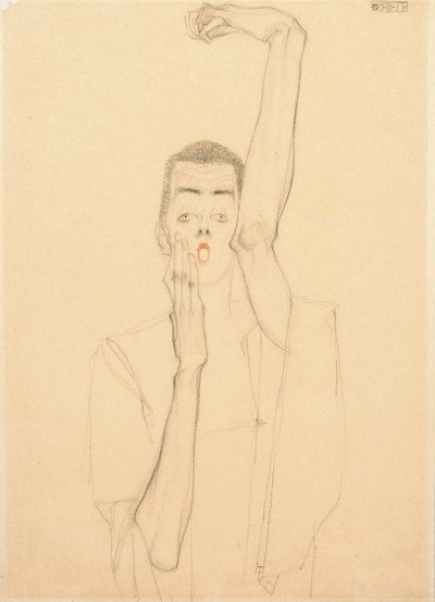 Joven con brazo levantado y boca roja, 1909 de Egon Schiele