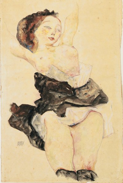 Joven Chica Reclinada, Semi Desnuda de Egon Schiele