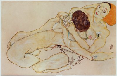 Dos chicas - Pareja de enamorados ... (gouache y lápiz) de Egon Schiele