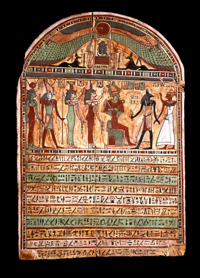 Antigüedad egipcia: estela funeraria de un sumo sacerdote: Osiris recibe al difunto presente en Anubis, detrás de él las deidades Isis, Neftis, Horus, Hathor. Siglo III-II a.C. Turín, Museo Egipcio de Egyptian