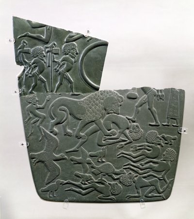 La Paleta del Campo de Batalla, que representa cautivos y víctimas de batalla, estas últimas presas de animales salvajes, Predinástico Tardío a la 1ª Dinastía, c.3100 a.C. de Egyptian