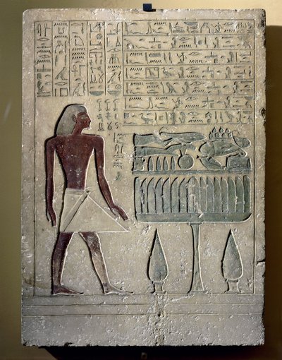 Estela de piedra caliza pintada que representa a Senusret en su mesa de ofrendas de Egyptian 12th Dynasty