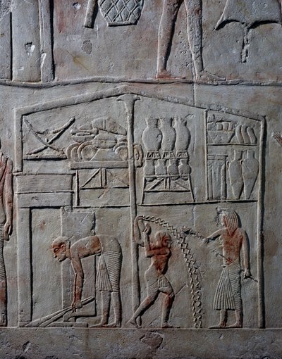 Disposición de alimentos en almacenes, relieve mural en piedra caliza, de la tumba menfita de Horemheb en Saqqara, Civilización egipcia, Reino Nuevo, Dinastía XVIII de Egyptian 18th Dynasty