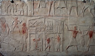 Disposición de alimentos en almacenes, relieve mural en piedra caliza, de la tumba menfita de Horemheb en Saqqara, Civilización egipcia, Reino Nuevo, Dinastía XVIII de Egyptian 18th Dynasty