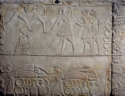 Disposición de alimentos en almacenes, relieve mural en piedra caliza, de la tumba menfita de Horemheb en Saqqara, Civilización egipcia, Reino Nuevo, Dinastía XVIII de Egyptian 18th Dynasty