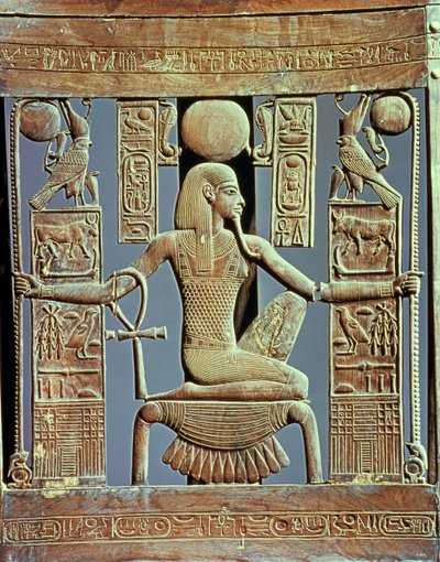 Respaldo de una silla de la tumba de Tutankamón que representa el espíritu de millones de años, Nuevo Reino de Egyptian 18th Dynasty