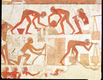 Construcción de un muro, de la tumba de Rekhmire, visir de Tutmosis III y Amenhotep II, Reino Nuevo (pintura mural) (véase 202228 para más detalles) de Egyptian 18th Dynasty