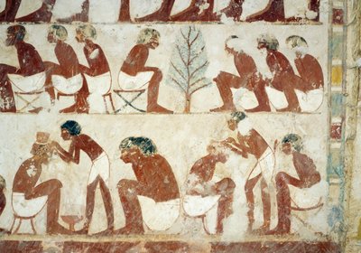 Corte de cabello de los soldados, fresco, pared sur, cámara transversal oeste, Tumba de Userhat, tutor y escriba durante el reinado de Amenhotep II, también conocida como tumba TT56, Sheikh Abd el-Qurna, Tebas. Civilización egipcia, Nuevo Reino, Dinastía X de Egyptian 18th Dynasty