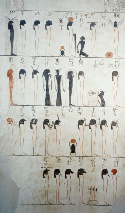 Representación de la Letanía de Ra, detalle de los frescos en la cámara funeraria de la Tumba de Tutmosis III, Valle de los Reyes, Luxor, Tebas (Lista del Patrimonio Mundial de la Unesco) de Egyptian 18th Dynasty