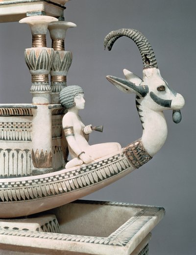(detalle) de la proa de un barco con la cabeza de un íbice sirio y una figura que se cree es la princesa Mutnedjmet, de la tumba de Tutankamón (c.1370-52 a.C.) Reino Nuevo de Egyptian 18th Dynasty